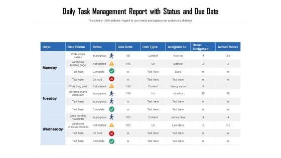 Daily Task Management Report With Status And Due Date Ppt PowerPoint Presentation Outline Elements PDF
