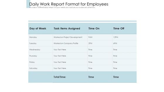 Daily Work Report Format For Employees Ppt PowerPoint Presentation Layouts Example PDF