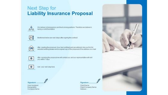 Damage Security Insurance Proposal Next Step For Liability Insurance Proposal Ppt Summary Outline PDF