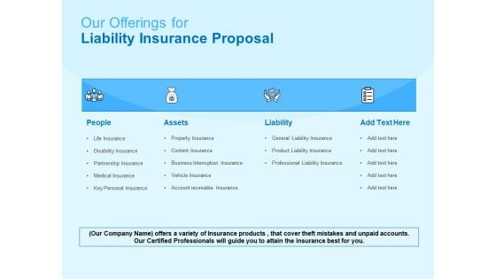 Damage Security Insurance Proposal Our Offerings For Liability Insurance Proposal Ppt Show Ideas PDF