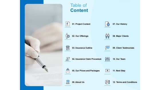 Damage Security Insurance Proposal Table Of Content Ppt Styles Graphics Example PDF