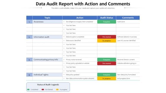 Data Audit Report With Action And Comments Ppt PowerPoint Presentation File Slide Portrait PDF