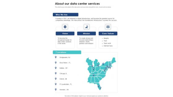 Data Center Services Contractor Bid Proposal About Our Data Center One Pager Sample Example Document