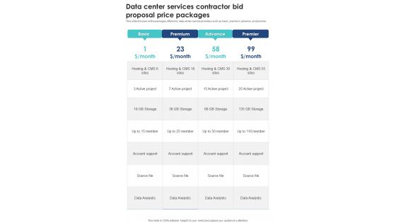 Data Center Services Contractor Bid Proposal Price Packages One Pager Sample Example Document