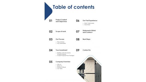 Data Center Services Contractor Bid Proposal Table Of Contents One Pager Sample Example Document