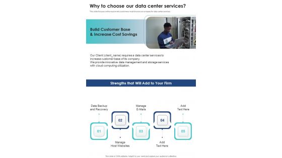 Data Center Services Contractor Bid Proposal Why To Choose One Pager Sample Example Document Data Center Services Contractor Bid Proposal Why To Choose One Pager Sample Example Document