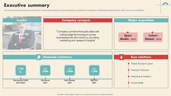 Data Driven Marketing Solutions Firm Company Profile Executive Summary Elements PDF