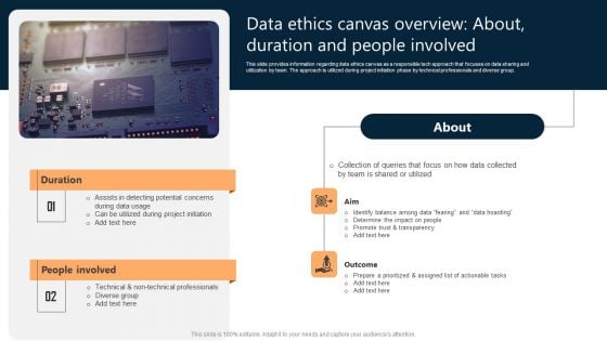 Data Ethics Canvas Overview About Duration And People Involved Ppt Ideas Vector PDF