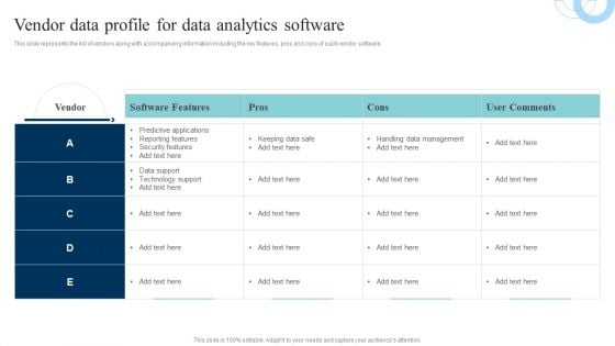 Data Evaluation And Processing Toolkit Vendor Data Profile For Data Analytics Software Summary PDF Data Evaluation And Processing Toolkit Vendor Data Profile For Data Analytics Software Summary PDF