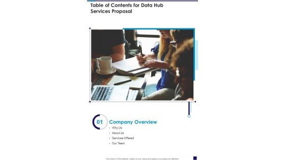 Data Hub Services Proposal For Table Of Contents One Pager Sample Example Document Data Hub Services Proposal For Table Of Contents One Pager Sample Example Document