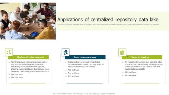 Data Lake Implementation Applications Of Centralized Repository Data Lake Infographics PDF