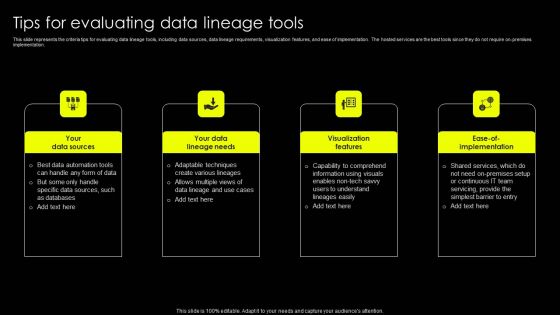 Data Lineage Implementation Tips For Evaluating Data Lineage Tools Slides PDF