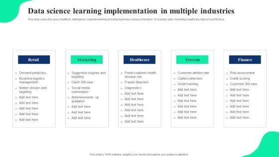 Data Science Learning Implementation In Multiple Industries Ppt Icon Images PDF