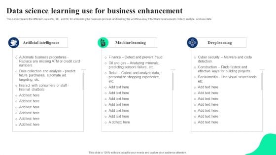 Data Science Learning Use For Business Enhancement Ppt Icon Vector PDF