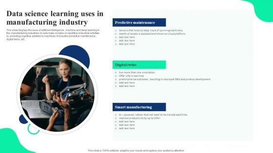 Data Science Learning Uses In Manufacturing Industry Ppt Styles Inspiration PDF