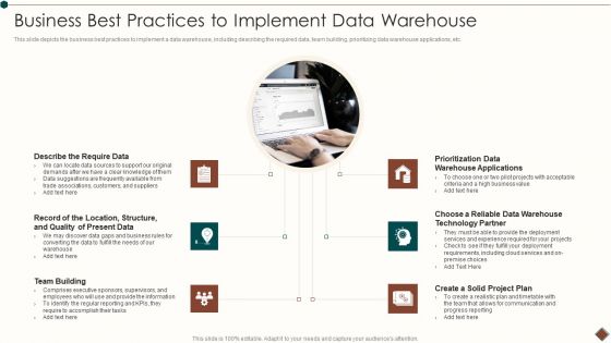 Data Warehouse Implementation Business Best Practices To Implement Data Warehouse Diagrams PDF