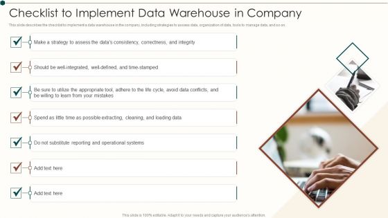 Data Warehouse Implementation Checklist To Implement Data Warehouse In Company Guidelines PDF