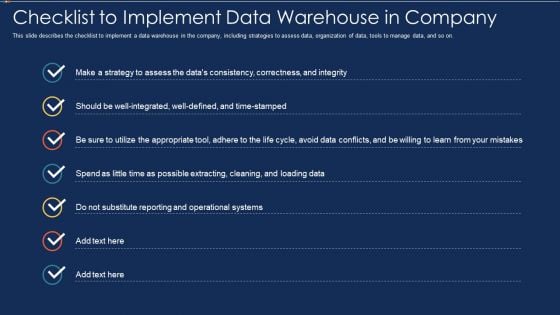 Data Warehousing IT Checklist To Implement Data Warehouse In Company Ppt Inspiration Example PDF Data Warehousing IT Checklist To Implement Data Warehouse In Company Ppt Inspiration Example PDF