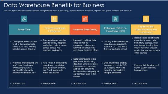 Data Warehousing IT Data Warehouse Benefits For Business Ppt Summary Vector PDF