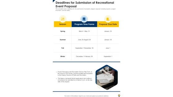 Deadlines For Submission Of Recreational Event Proposal One Pager Sample Example Document