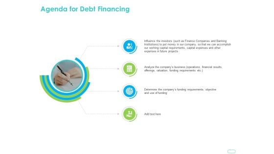 Debt Funding Investment Pitch Deck Agenda For Debt Financing Ppt Summary Graphics PDF