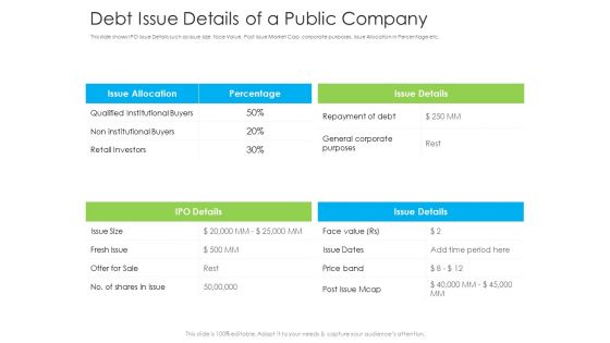 Debt Issue Details Of A Public Company Ppt Icon Slides PDF