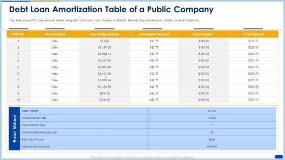 Debt Loan Amortization Table Of A Public Company Ppt Ideas Skills PDF