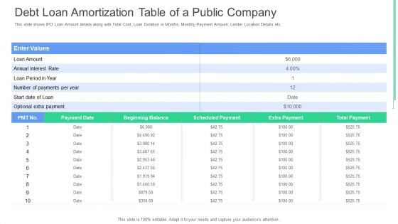 Debt Loan Amortization Table Of A Public Company Ppt Pictures Master Slide PDF