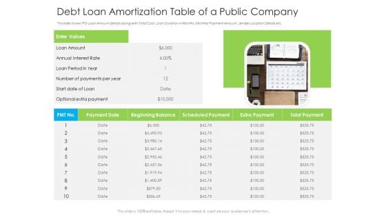 Debt Loan Amortization Table Of A Public Company Ppt Portfolio Graphics Template PDF