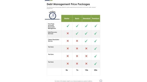 Debt Management Price Packages One Pager Sample Example Document