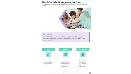 Debt Management Process About Our Debt Management Services One Pager Sample Example Document
