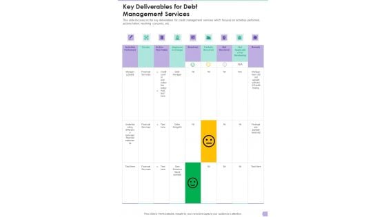 Debt Management Process Key Deliverables For Debt Management Services One Pager Sample Example Document