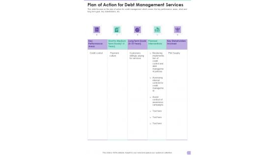 Debt Management Process Plan Of Action For Debt Management Services One Pager Sample Example Document
