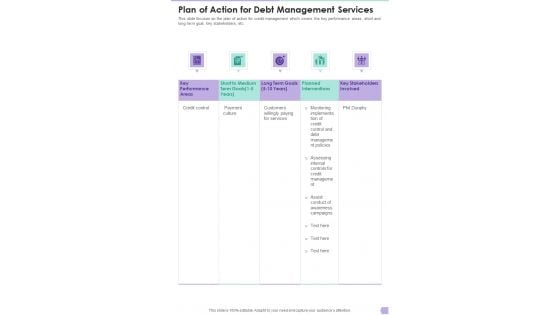 Debt Management Process Plan Of Action For Debt Management Services One Pager Sample Example Document Debt Management Process Plan Of Action For Debt Management Services One Pager Sample Example Document