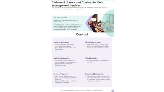 Debt Management Process Statement Of Work And Contract For Debt Management Services One Pager Sample Example Document