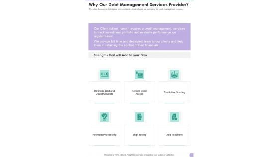 Debt Management Process Why Our Debt Management Services Provider One Pager Sample Example Document