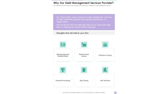 Debt Management Process Why Our Debt Management Services Provider One Pager Sample Example Document Debt Management Process Why Our Debt Management Services Provider One Pager Sample Example Document