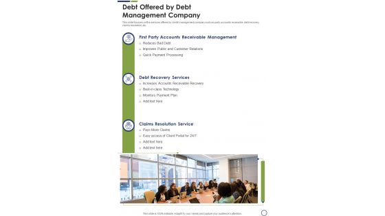 Debt Offered By Debt Management Company One Pager Sample Example Document