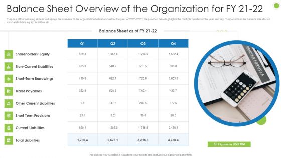 Debt Retrieval Techniques Balance Sheet Overview Of The Organization For Fy 21 22 Ppt Infographics Graphic Tips PDF