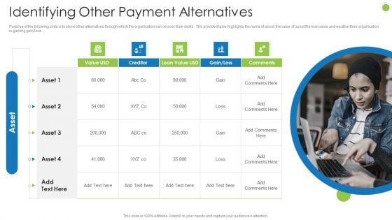 Debt Retrieval Techniques Identifying Other Payment Alternatives Ppt Pictures Display PDF