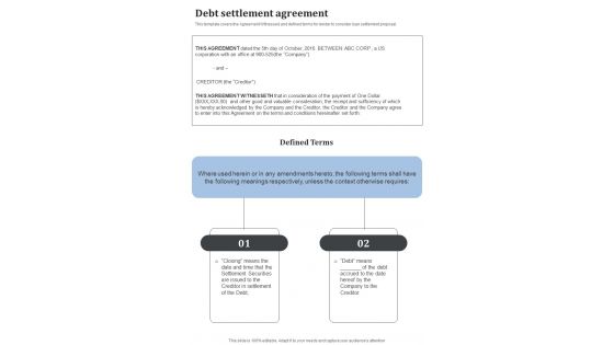 Debt Settlement Agreement One Pager Sample Example Document