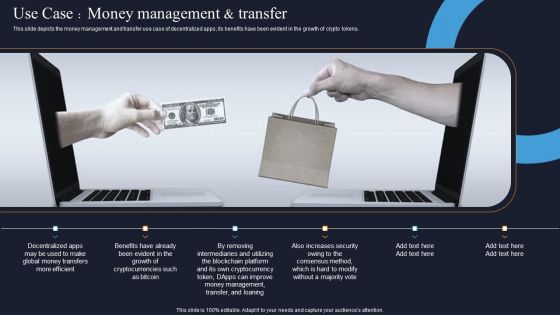 Decentralization App Development Use Case Money Management Andtransfer Icons PDF