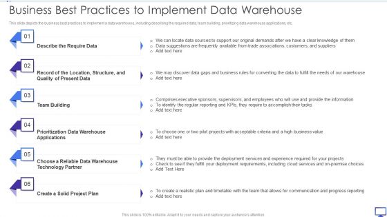 Decision Support System Business Best Practices To Implement Data Warehouse Background PDF