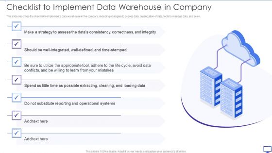 Decision Support System Checklist To Implement Data Warehouse In Company Slides PDF