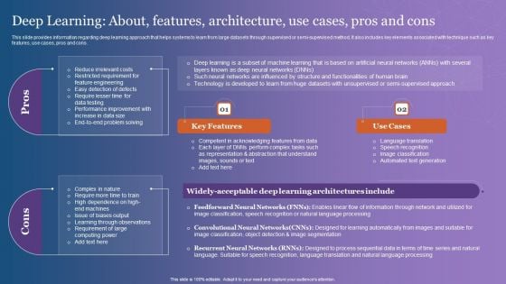 Deep Learning About Features Architecture Use Cases Pros And Cons Graphics PDF