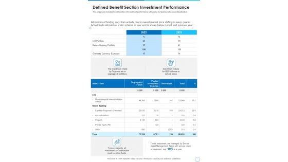 Defined Benefit Section Investment Performance Template 132 One Pager Documents