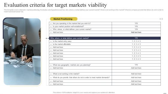 Defining Generic Target Marketing Techniques Evaluation Criteria For Target Markets Viability Icons PDF