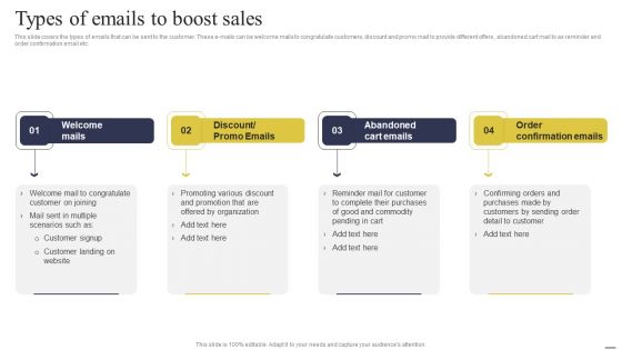 Defining Generic Target Marketing Techniques Types Of Emails To Boost Sales Infographics PDF