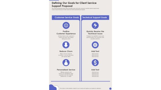 Defining Our Goals For Client Service Support Proposal One Pager Sample Example Document