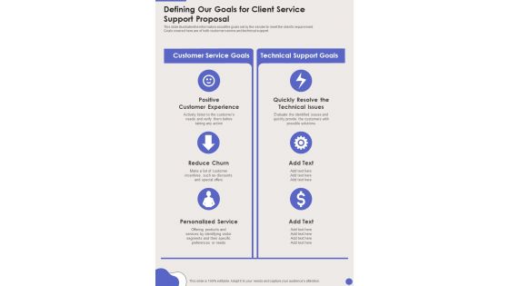 Defining Our Goals For Client Service Support Proposal One Pager Sample Example Document Defining Our Goals For Client Service Support Proposal One Pager Sample Example Document